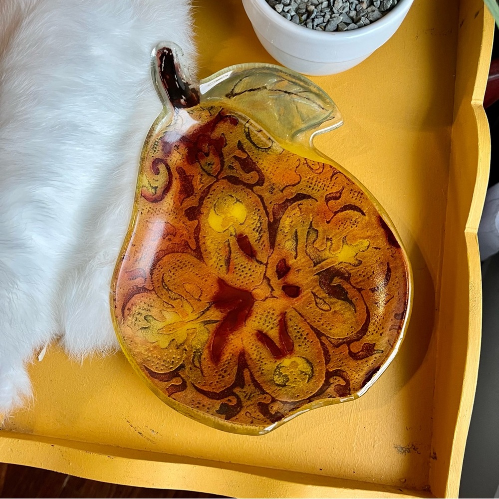 Vintage Pear Plate with Red and Orange Floral Print
